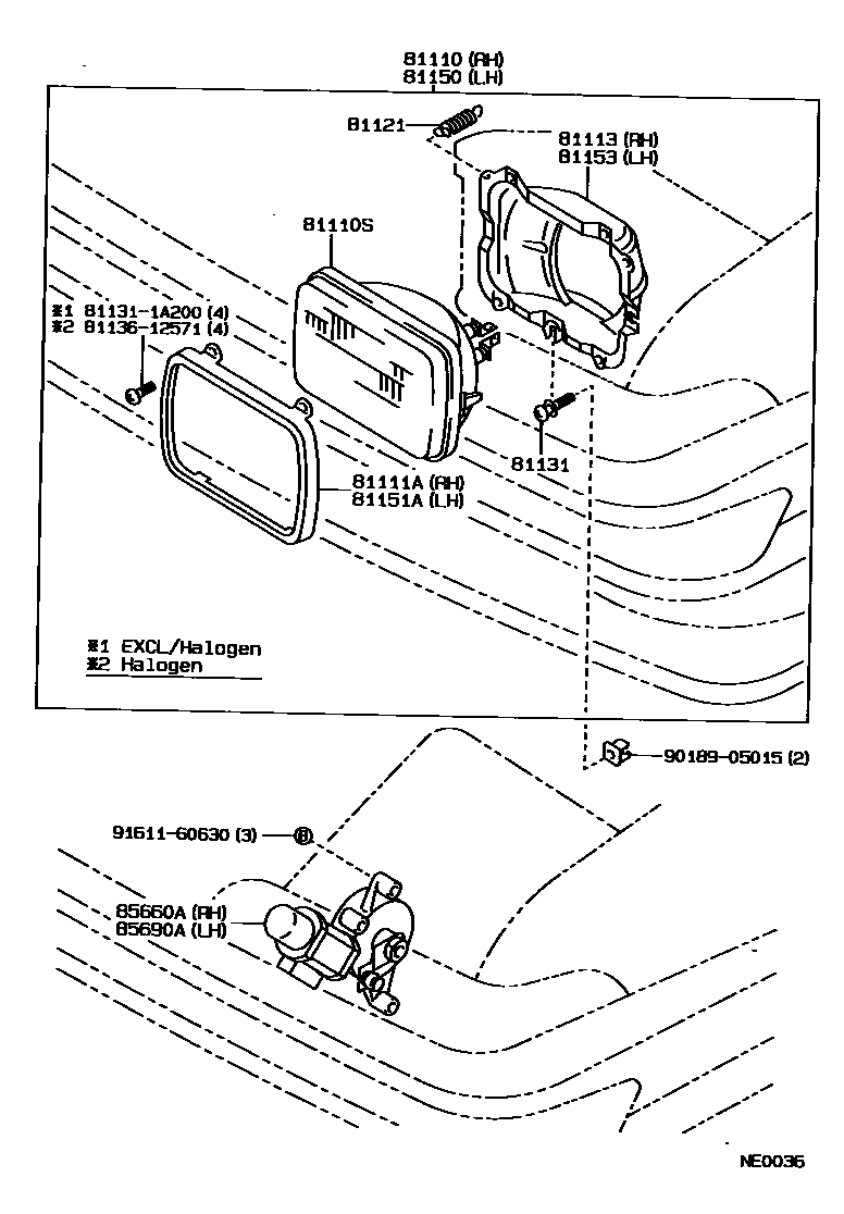 Toyota COROLLA Headlamp EPC diagram — NE0036