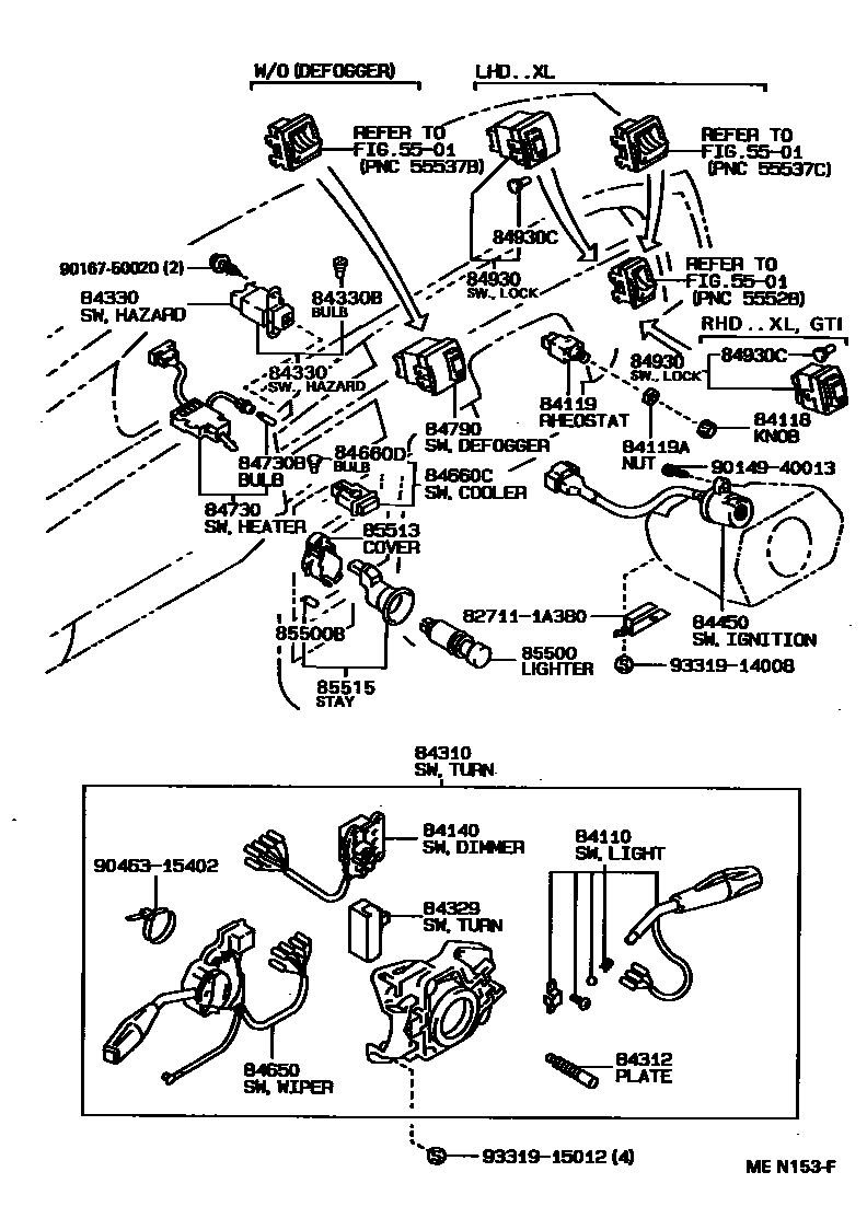 Toyota COROLLA 开关和继电器和ECU EPC diagram — MEN153F