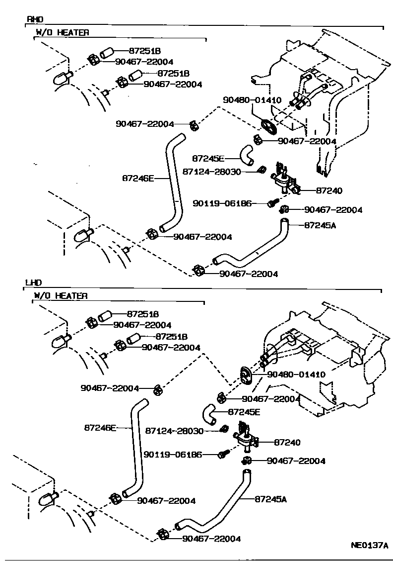 Toyota COROLLA 暖风和空调系统 - 水管 EPC diagram — NE0137A