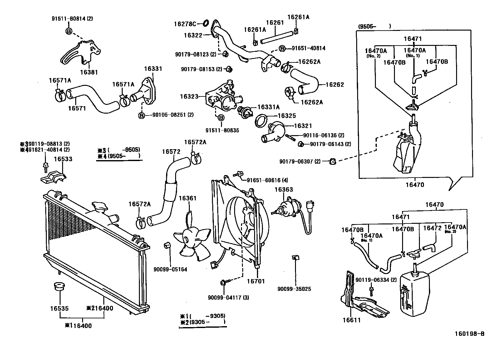 Toyota COROLLA RADIATOR & WATER OUTLET EPC diagram — 160198B