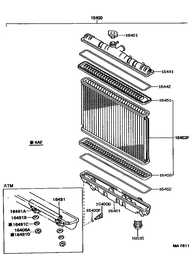Toyota COROLLA RADIATOR & WATER OUTLET EPC diagram — MAF811