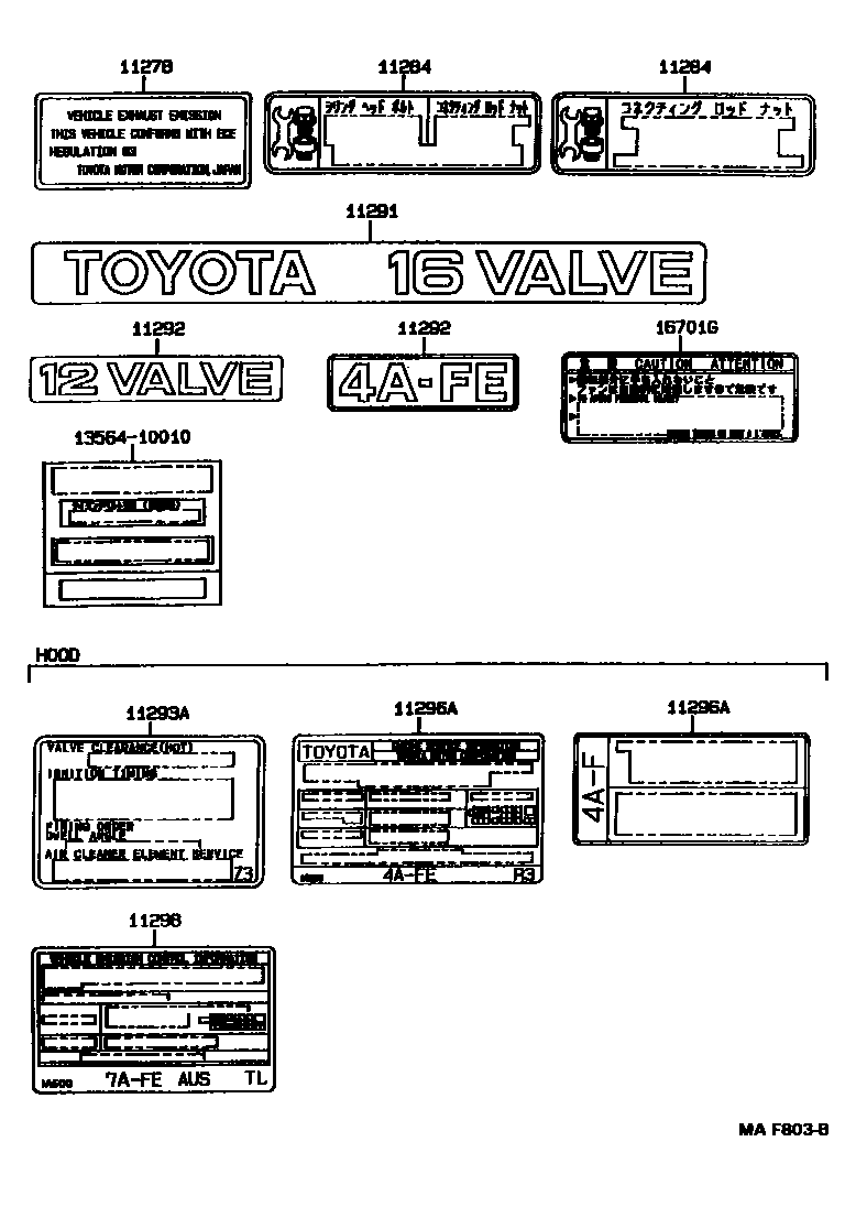 Toyota COROLLA 警示铭牌和名称铭牌(发动机) EPC diagram — MAF803B