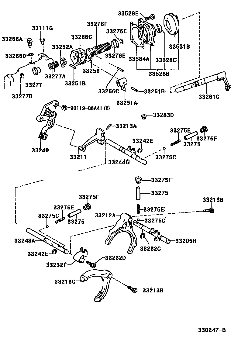 Toyota COROLLA 换档拨叉和换档杆轴(MTM) EPC diagram — 330247B