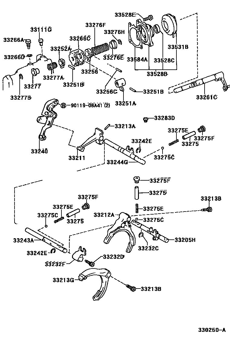 Toyota COROLLA 换档拨叉和换档杆轴(MTM) EPC diagram — 330250A