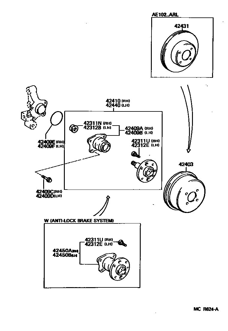Toyota COROLLA 后桥半轴和后桥轮毂 EPC diagram — MCR624A