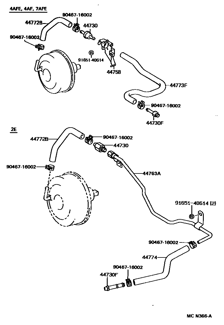 Toyota COROLLA 制动助力器和真空管 EPC diagram — MCN366A