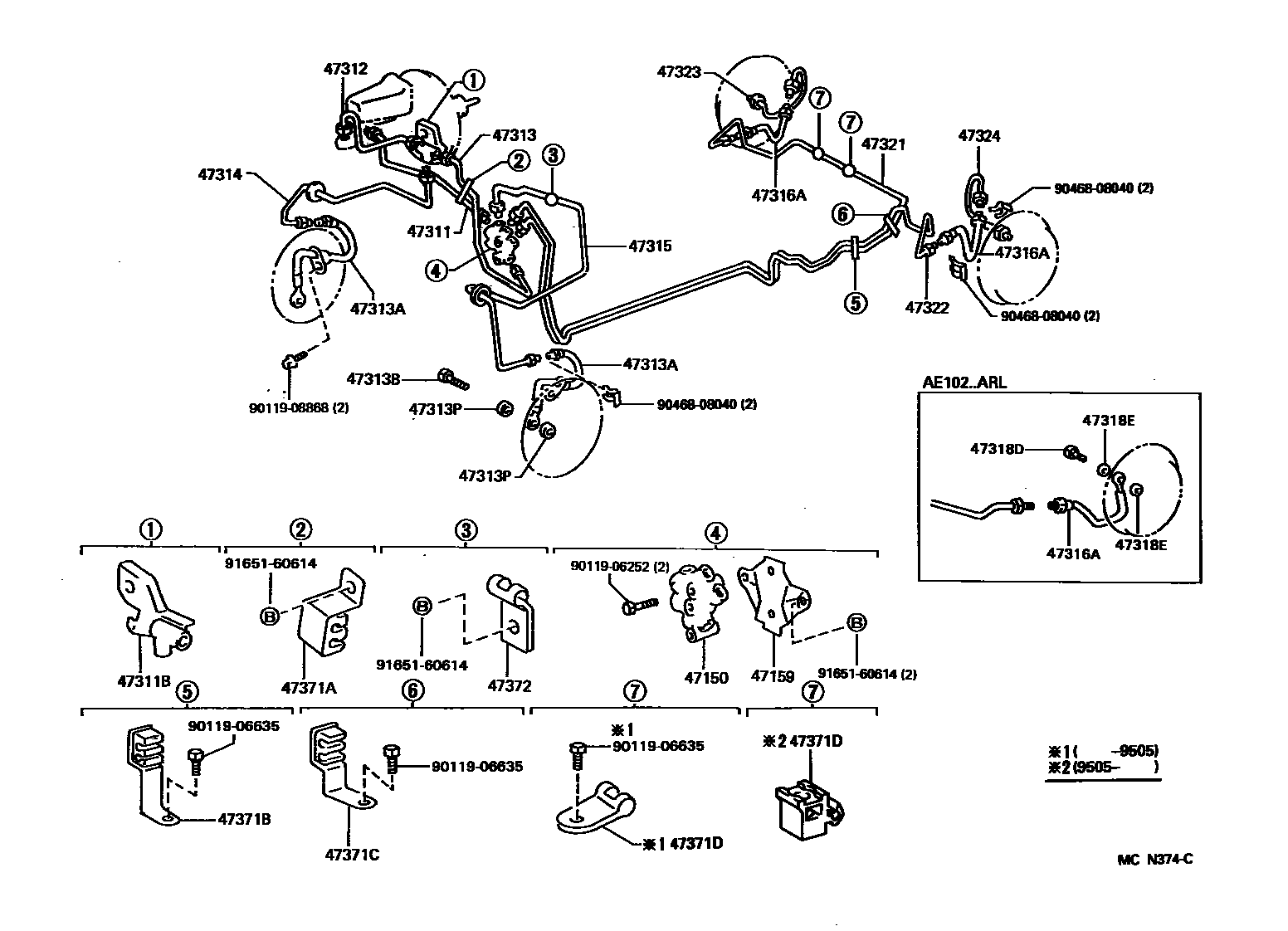 Toyota COROLLA 制动配管和卡箍 EPC diagram — MCN374C