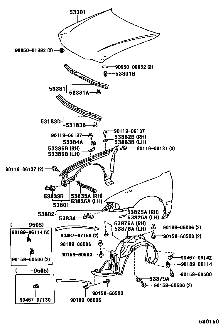 Toyota COROLLA 发动机盖和前翼子板 EPC diagram — 530150