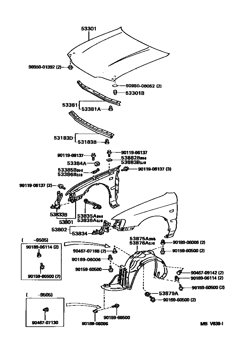 Toyota COROLLA 发动机盖和前翼子板 EPC diagram — MBV639I