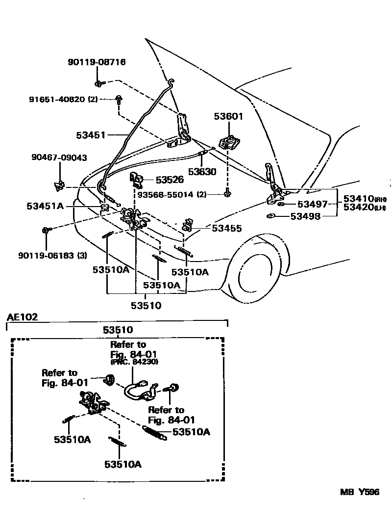 Toyota COROLLA 发动机盖锁和铰链 EPC diagram — MBY596