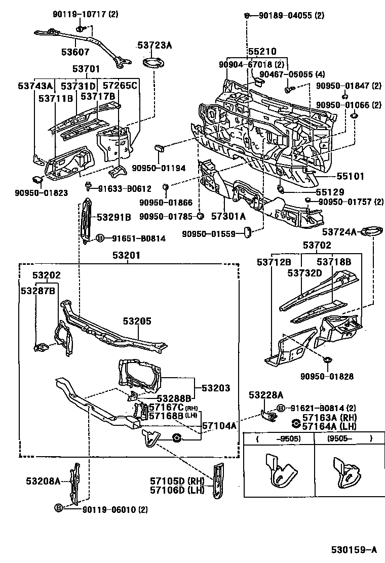 Toyota COROLLA 前翼子板挡泥板和前围板 EPC diagram — 530159A