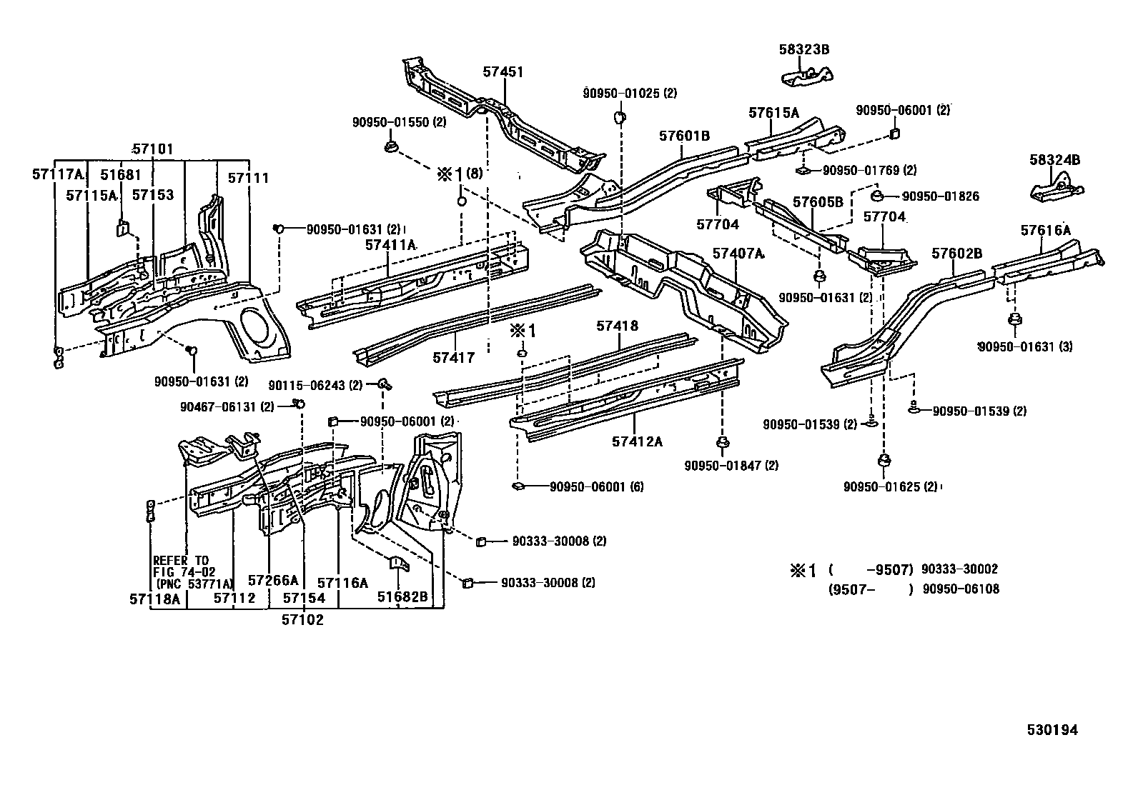 Toyota COROLLA Floor stringers EPC diagram — 530194