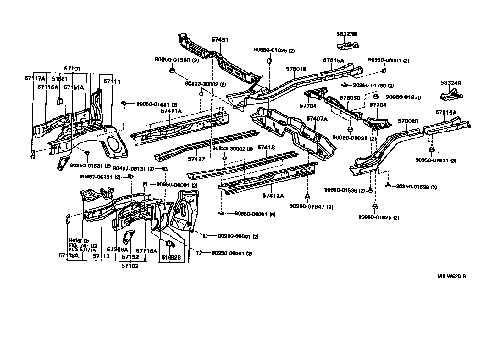 Toyota COROLLA Floor stringers EPC diagram — MBW620B