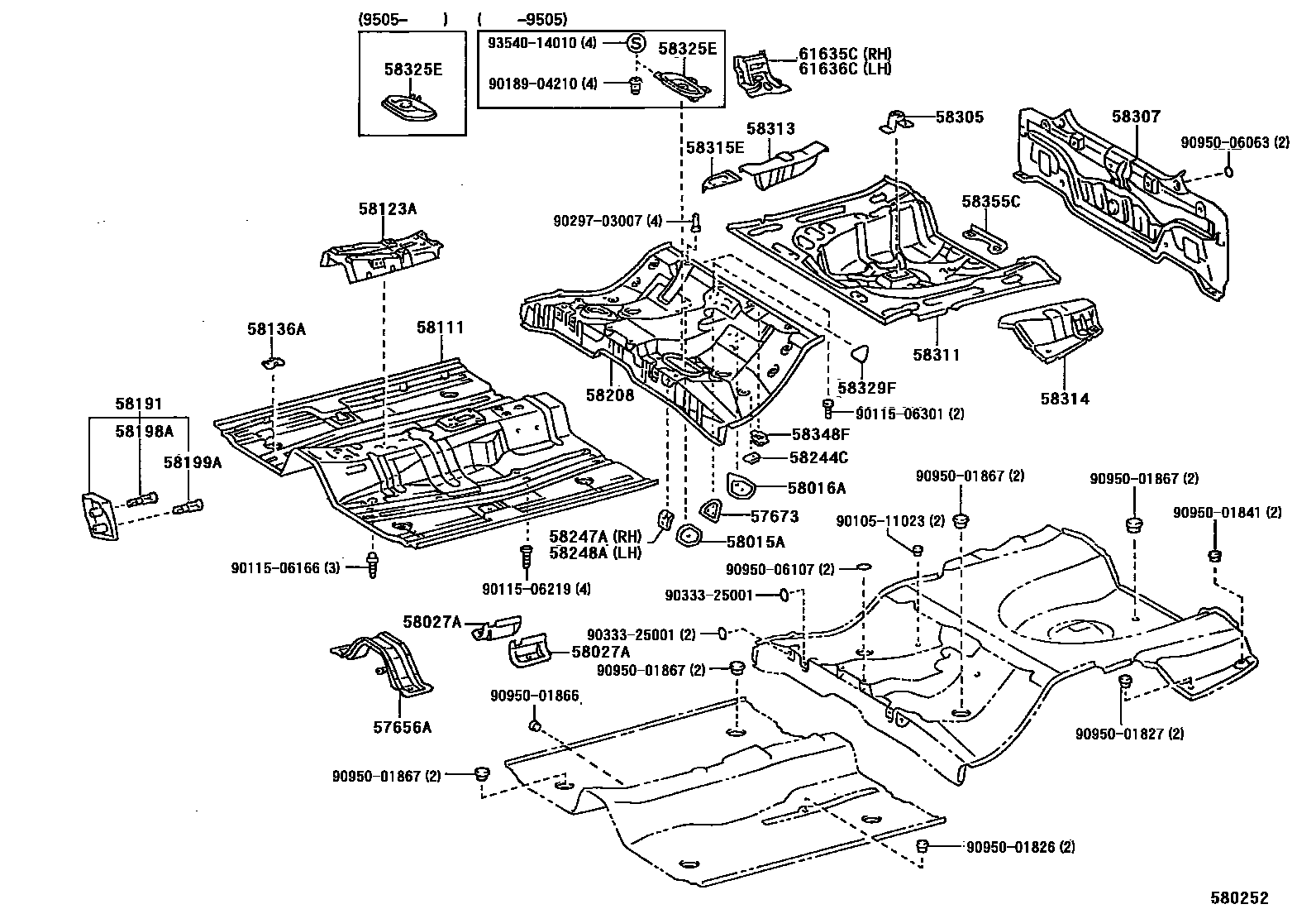 Toyota COROLLA 浅盘形地板和车身下背板 EPC diagram — 580252