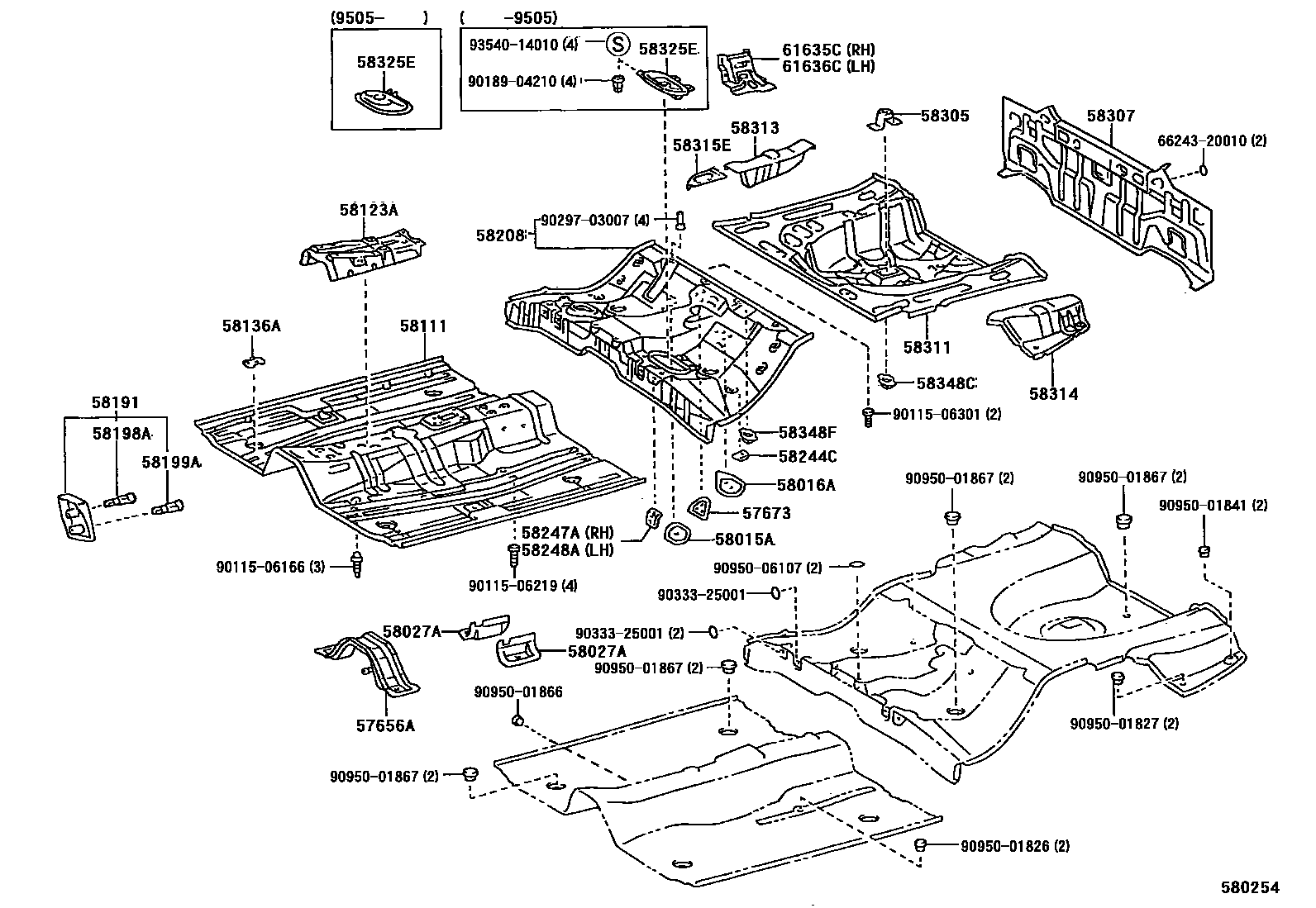 Toyota COROLLA 浅盘形地板和车身下背板 EPC diagram — 580254