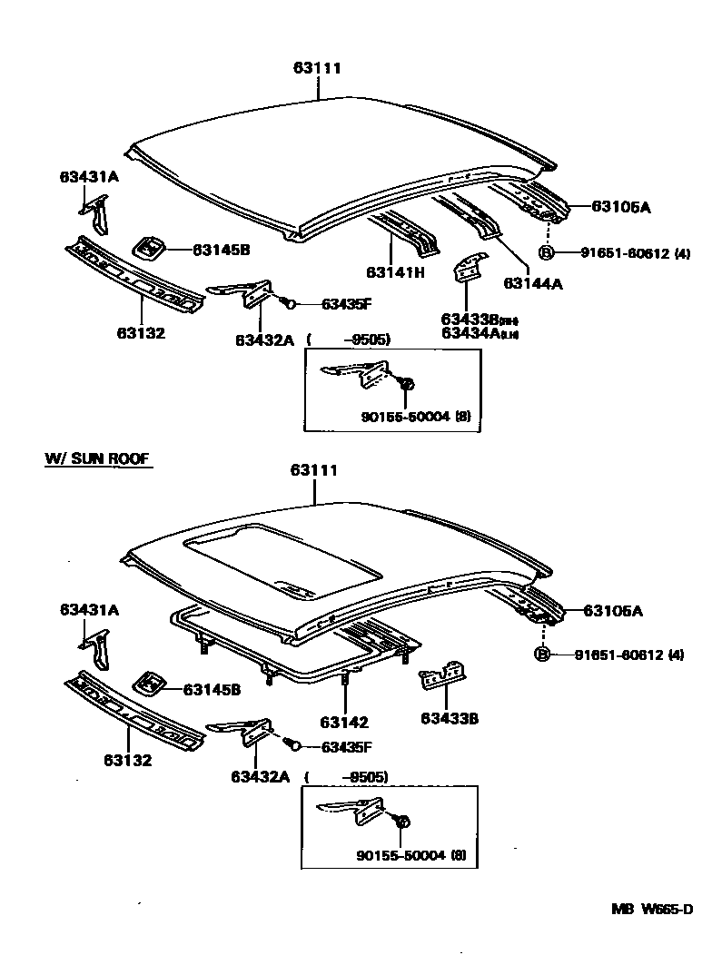 Toyota COROLLA 天窗板和背窗玻璃 EPC diagram — MBW665D