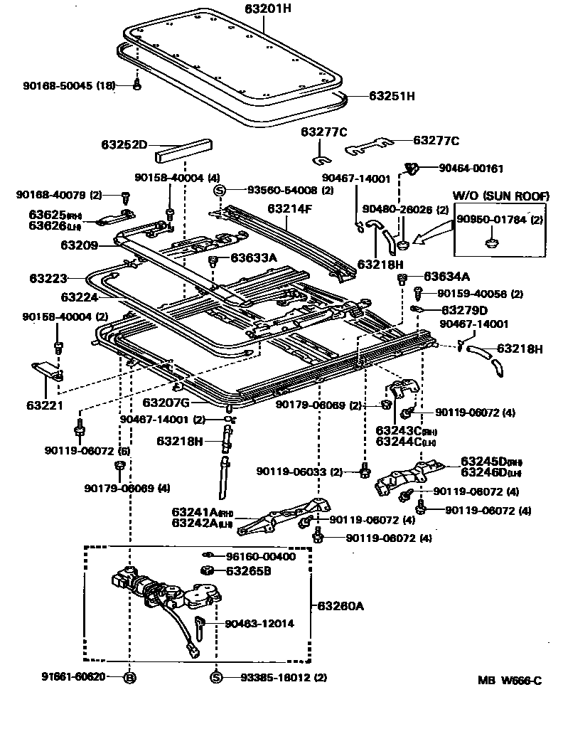 Toyota COROLLA 天窗板和背窗玻璃 EPC diagram — MBW666C