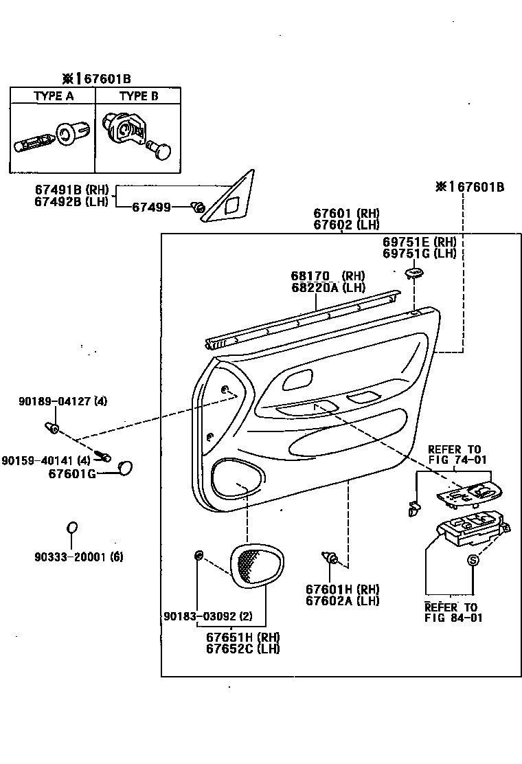 Toyota COROLLA 前门板和前门玻璃 EPC diagram — 670391
