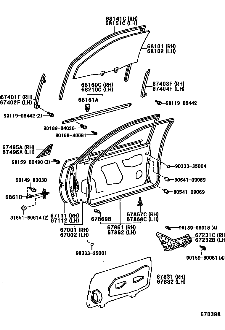 Toyota COROLLA 前门板和前门玻璃 EPC diagram — 670398