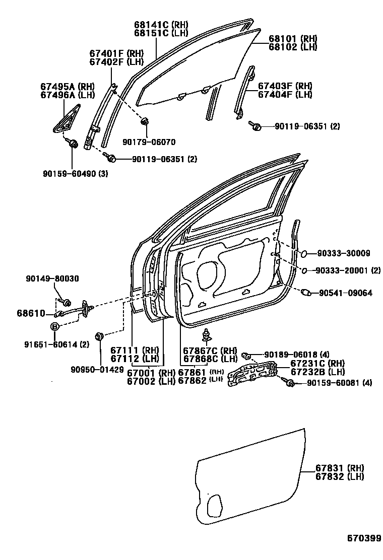 Toyota COROLLA 前门板和前门玻璃 EPC diagram — 670399