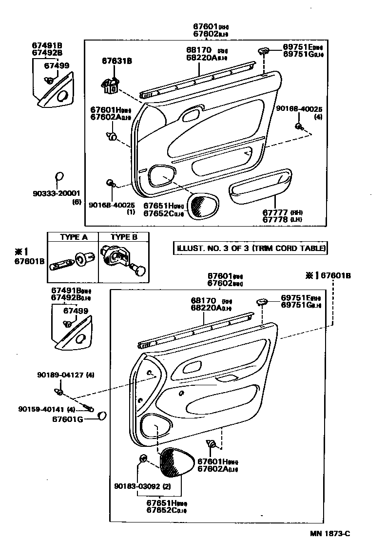 Toyota COROLLA 前门板和前门玻璃 EPC diagram — MN1873C