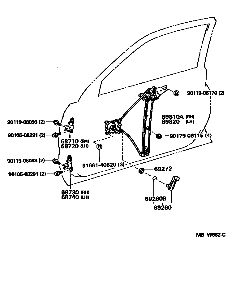 Toyota COROLLA 前门车窗升降器和合页 EPC diagram — MBW682C