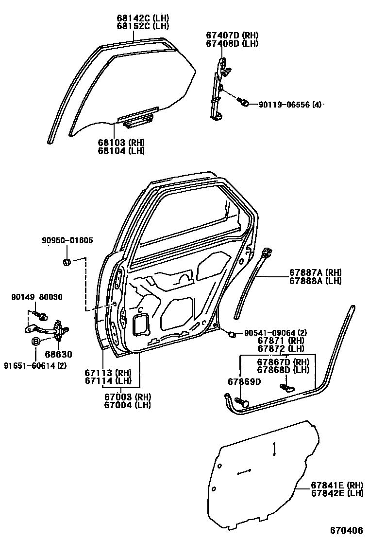 Toyota COROLLA 后门板和后门玻璃 EPC diagram — 670406