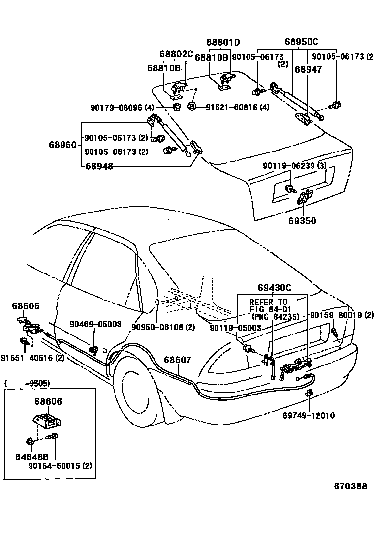 Toyota COROLLA 背门锁和背门把手 EPC diagram — 670388