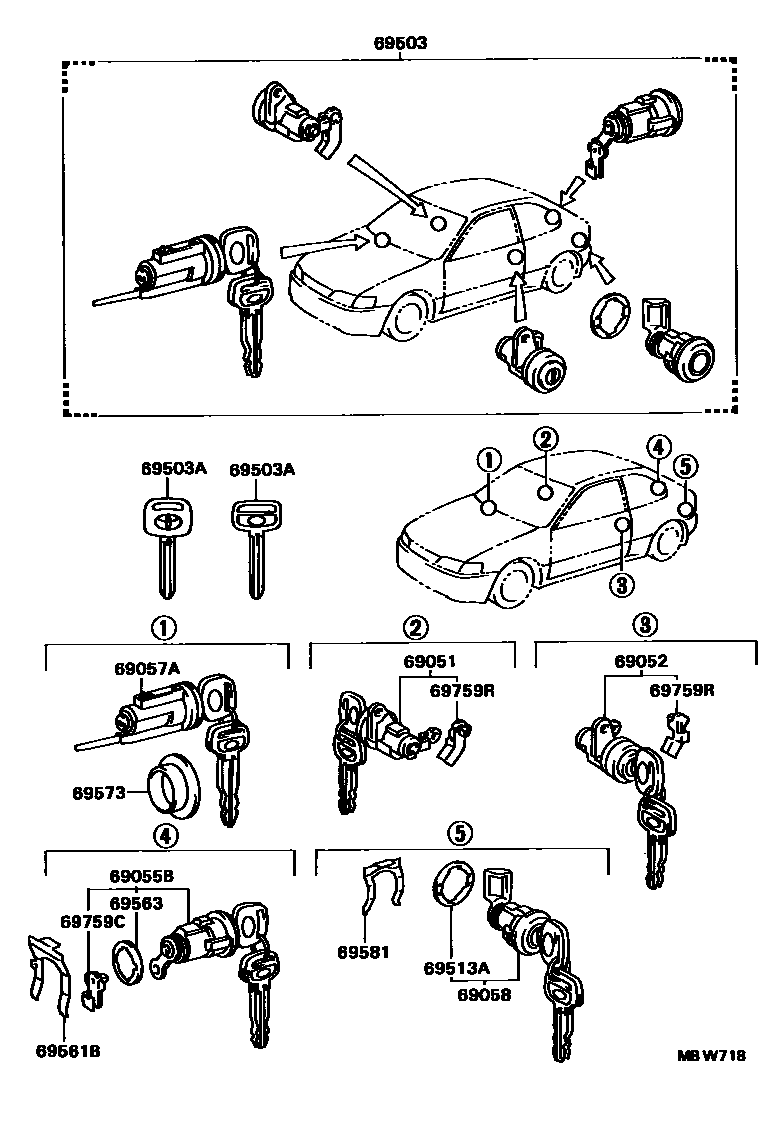 Toyota COROLLA 锁芯组件 EPC diagram — MBW718