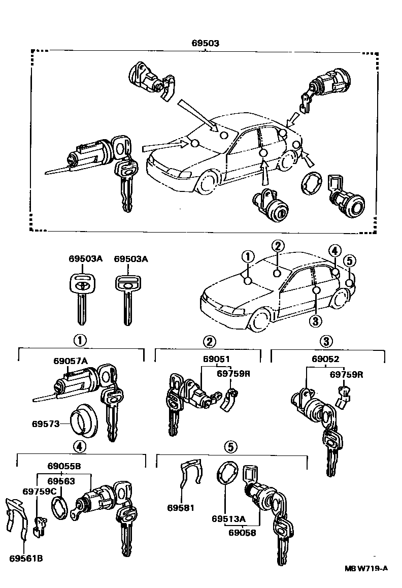 Toyota COROLLA 锁芯组件 EPC diagram — MBW719A