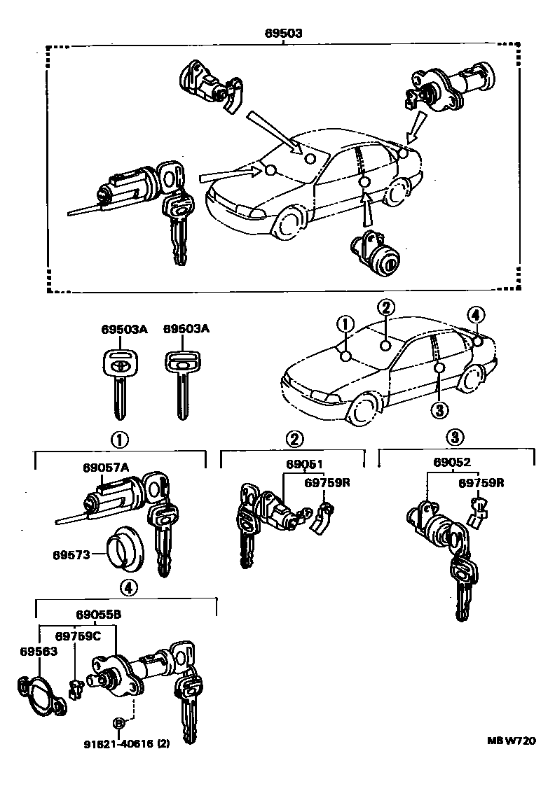 Toyota COROLLA 锁芯组件 EPC diagram — MBW720