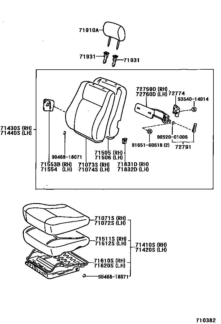 Toyota COROLLA 前排座椅和座椅滑轨 EPC diagram — 710382