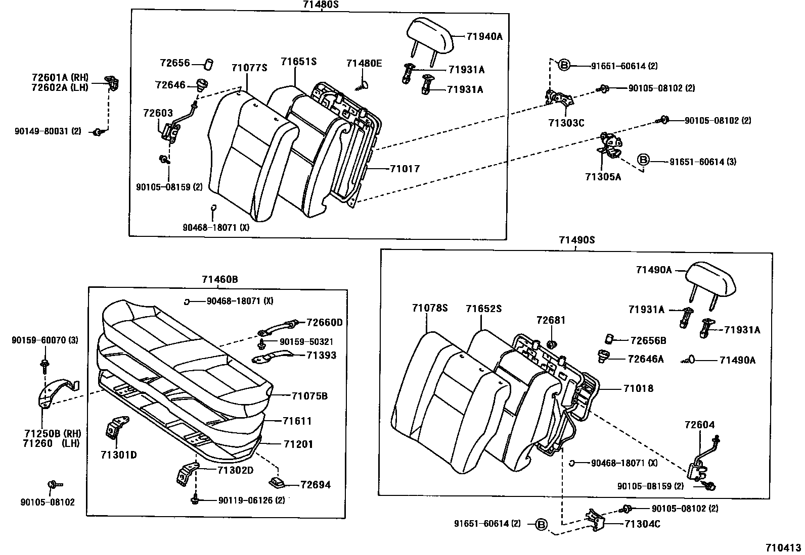 Toyota COROLLA 后排座椅和座椅滑轨 EPC diagram — 710413