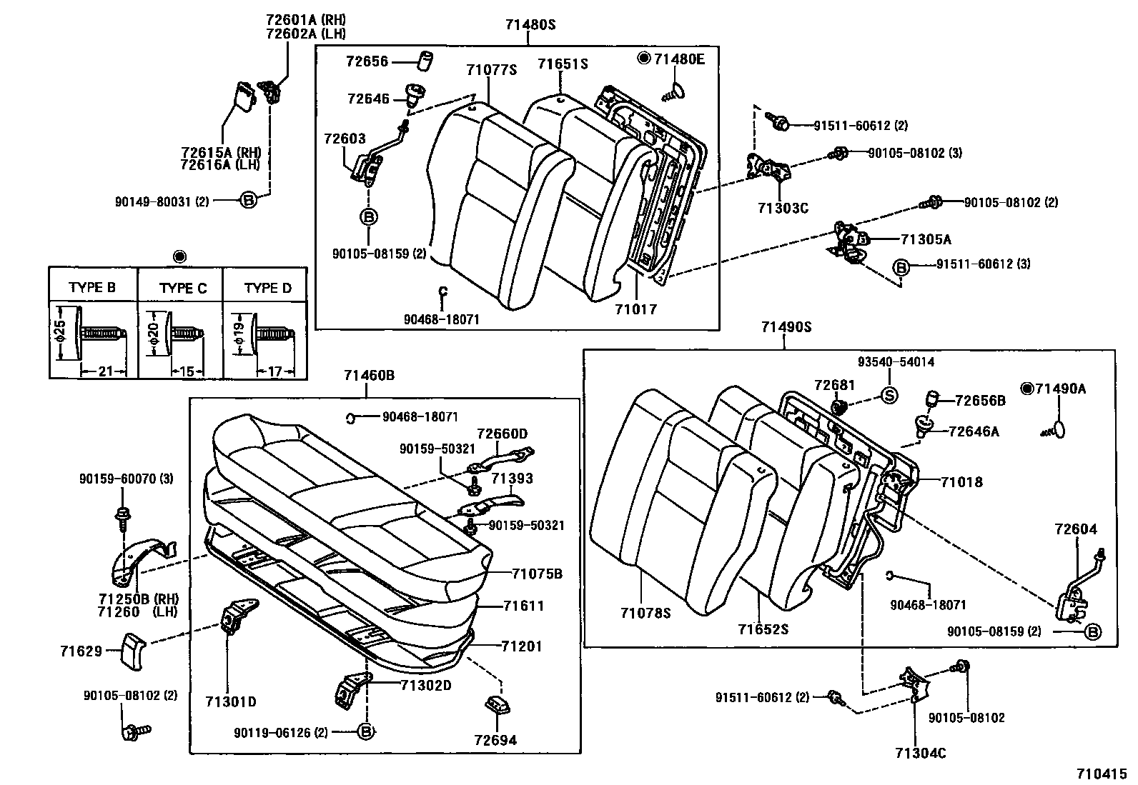 Toyota COROLLA 后排座椅和座椅滑轨 EPC diagram — 710415