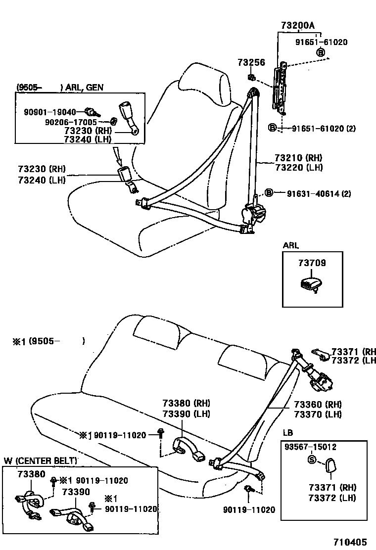 Toyota COROLLA 安全带和儿童保护座椅 EPC diagram — 710405