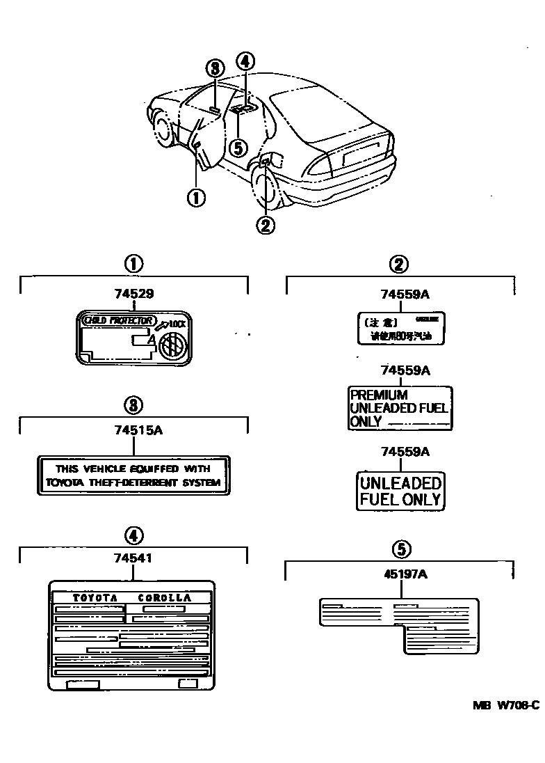 Toyota COROLLA 警示铭牌(车外和车内) EPC diagram — MBW708C