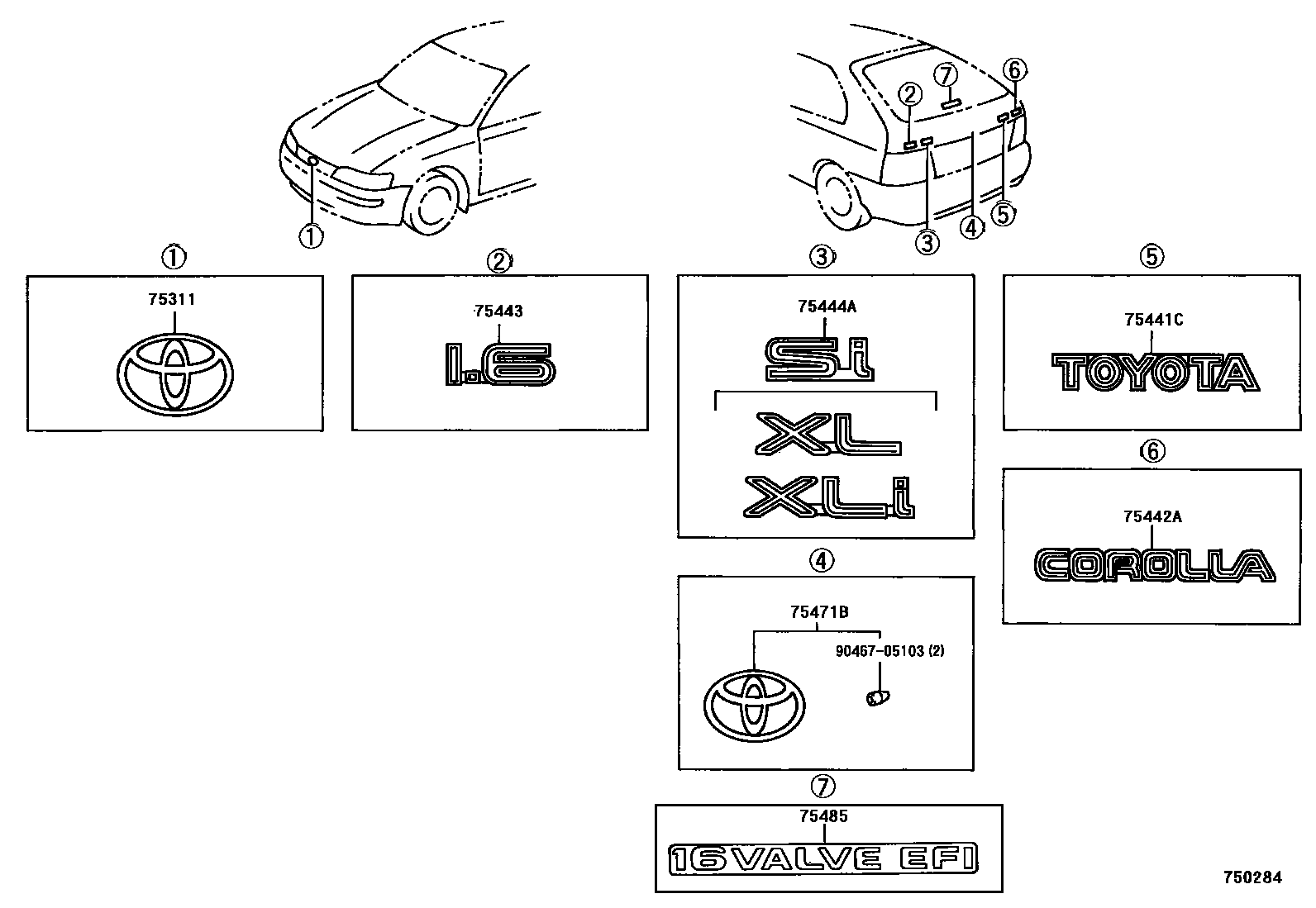 Toyota COROLLA 丰田徽标和铭牌(车外和车内) EPC diagram — 750284