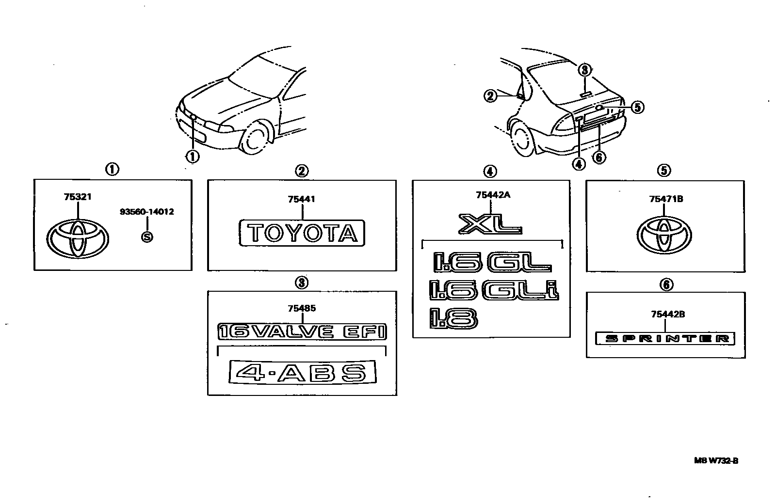 Toyota COROLLA 丰田徽标和铭牌(车外和车内) EPC diagram — MBW732B