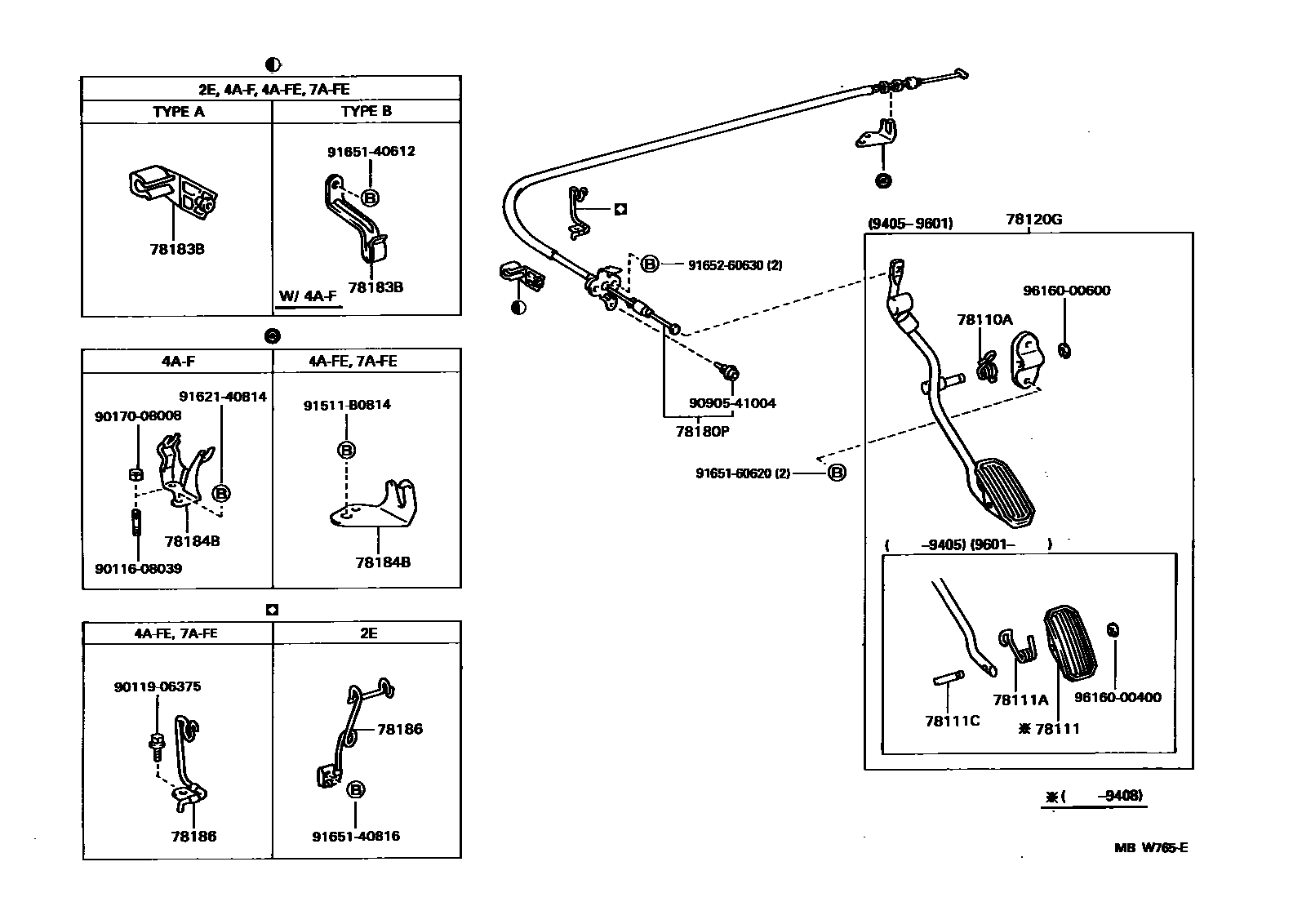 Toyota COROLLA accelerator pedal connecting rod EPC diagram — MBW765E