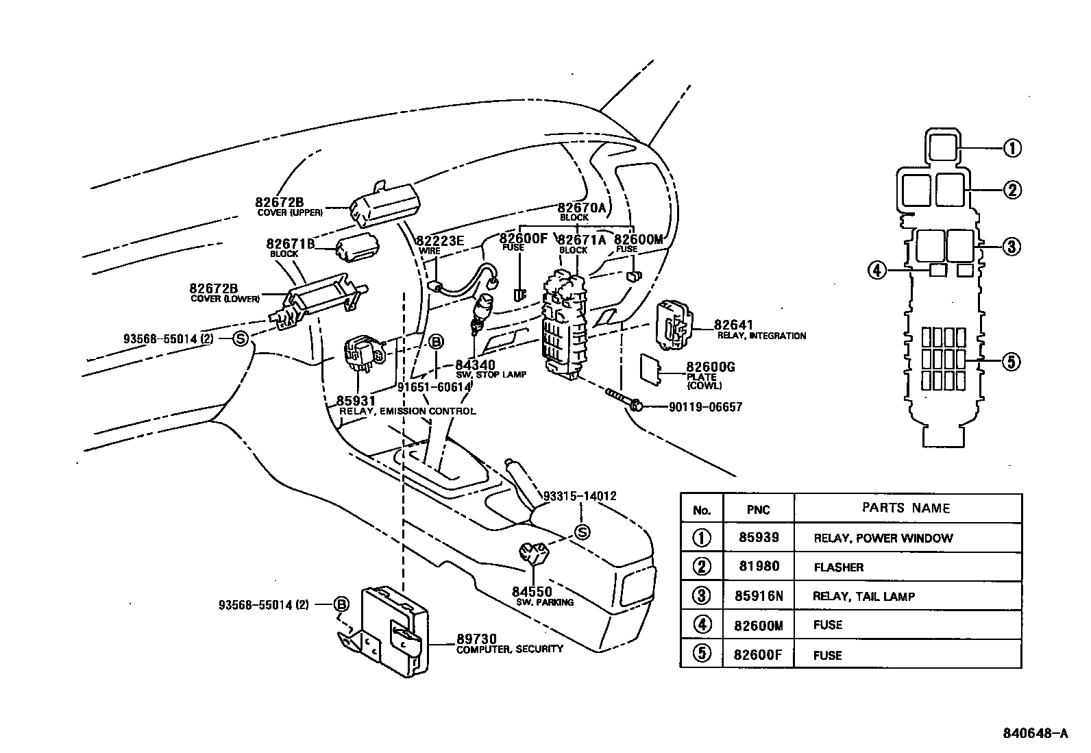Toyota COROLLA 开关和继电器和ECU EPC diagram — 840648A