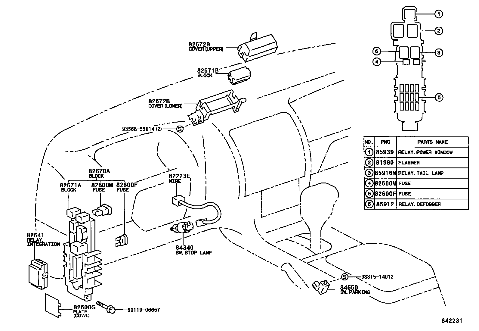 Toyota COROLLA 开关和继电器和ECU EPC diagram — 842231