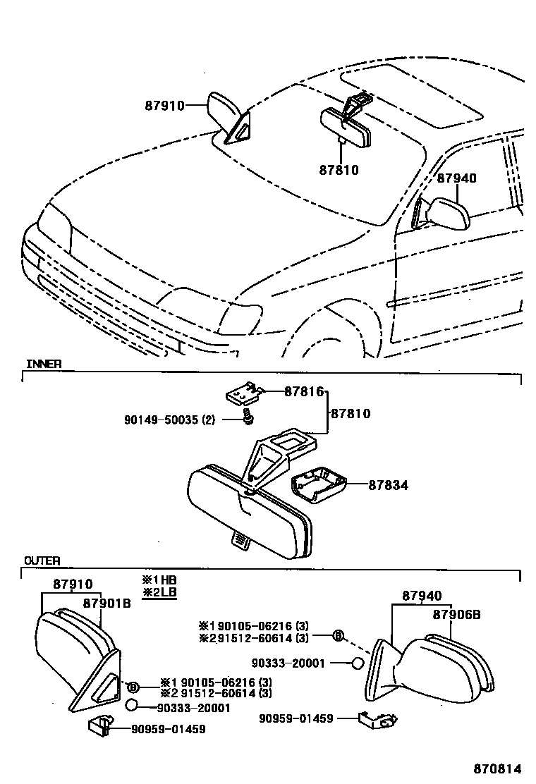 Toyota COROLLA 后视镜 EPC diagram — 870814