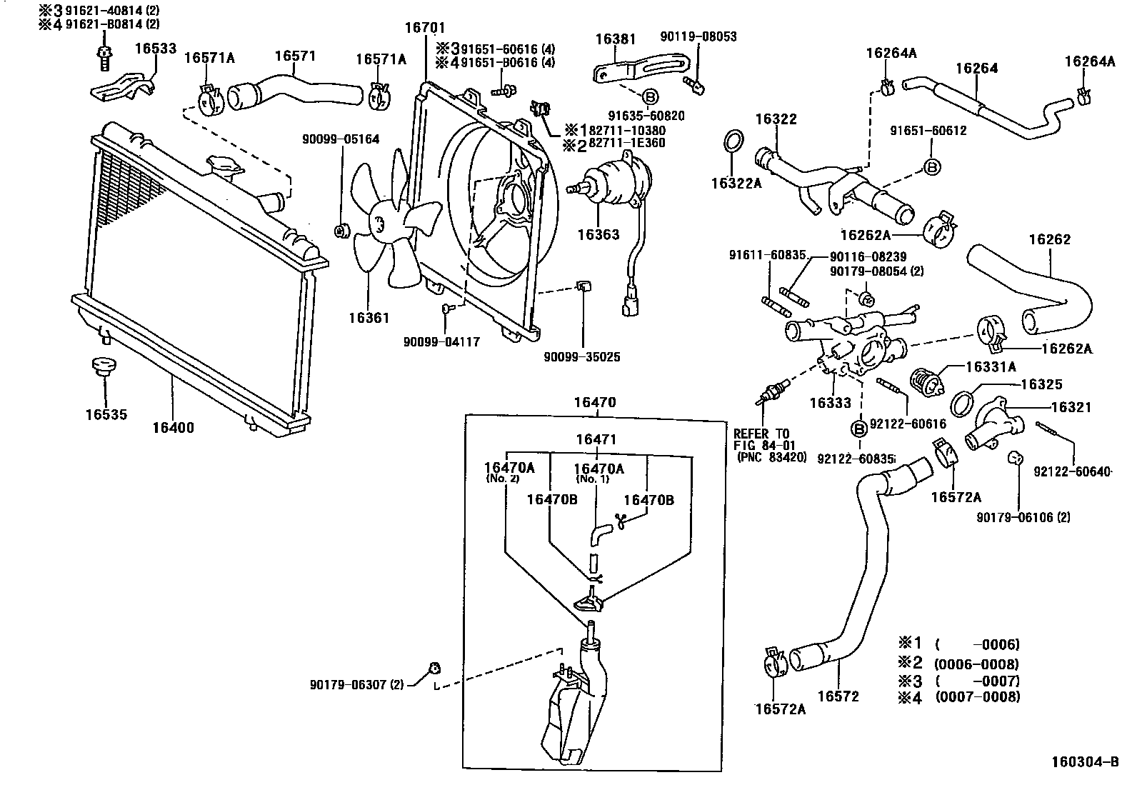 Toyota COROLLA RADIATOR & WATER OUTLET EPC diagram — 160304B