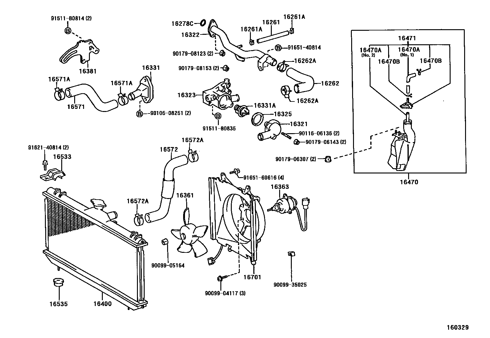 Toyota COROLLA RADIATOR & WATER OUTLET EPC diagram — 160329