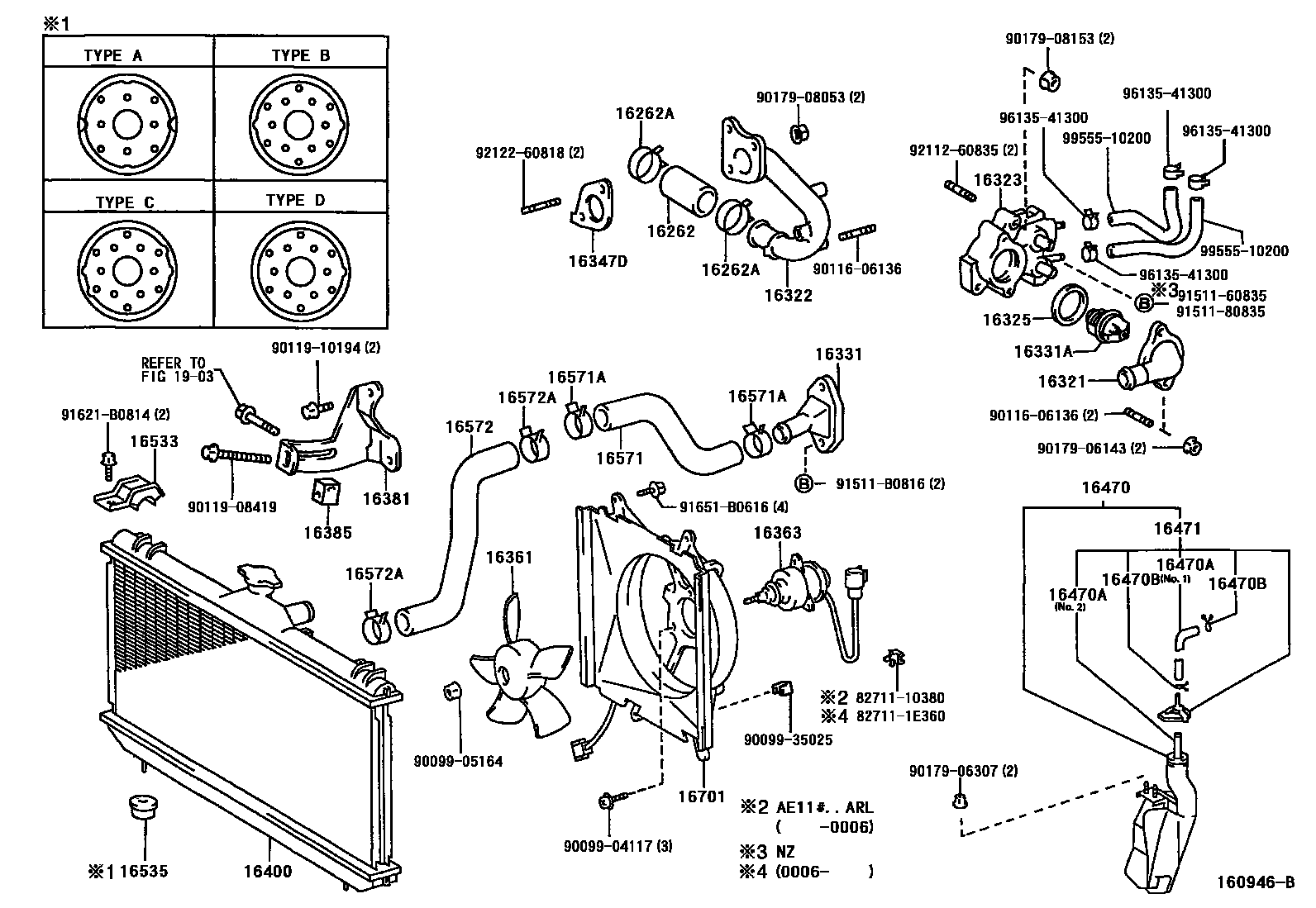 Toyota COROLLA RADIATOR & WATER OUTLET EPC diagram — 160946B