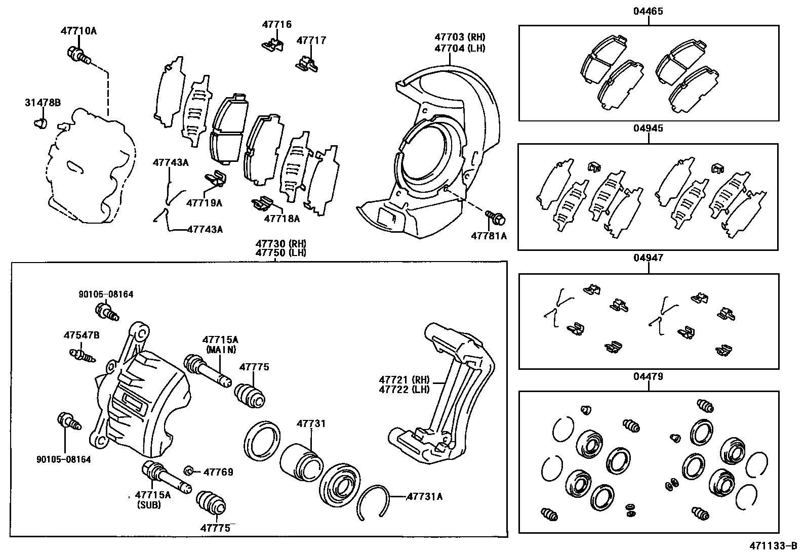 Toyota COROLLA 前盘式制动器卡钳和防尘罩 EPC diagram — 471133B