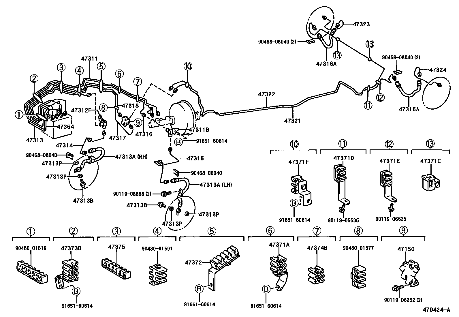 Toyota COROLLA 制动配管和卡箍 EPC diagram — 470424A