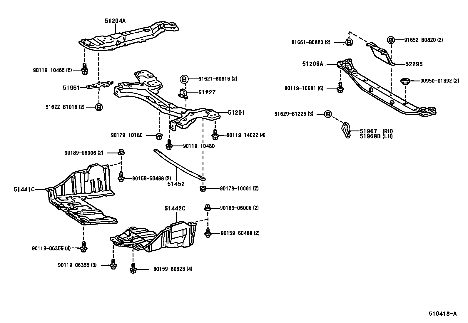 Toyota COROLLA 悬架横梁和发动机底罩 EPC diagram — 510418A