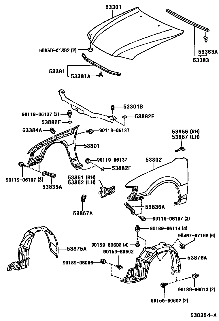 Toyota COROLLA 发动机盖和前翼子板 EPC diagram — 530324A