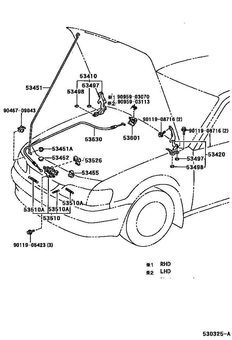 Toyota COROLLA 发动机盖锁和铰链 EPC diagram — 530325A